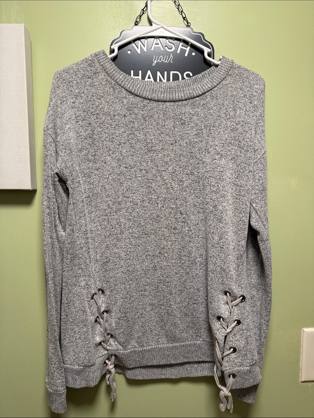SO Gray Crewneck Sweater with Side Lace-Up Detail